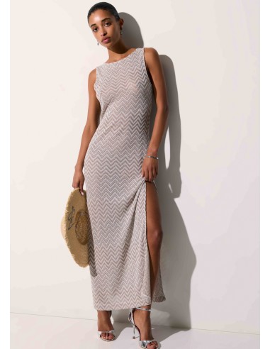 Abito lungo in maglia chevron beige VA6174J3878