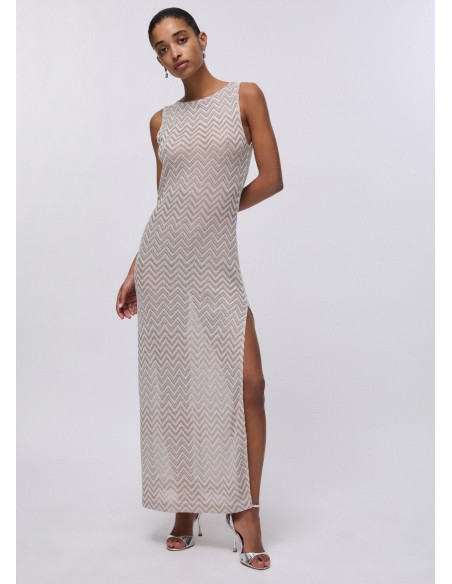 Abito lungo in maglia chevron beige VA6174J3878